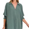 Airflow Collar Tee with Smocked Sleeve Band Top - Ash Jade