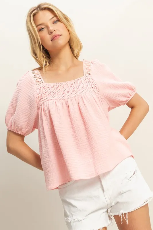Crochet Detail Puff Sleeve Peasant Top - Baby Pink