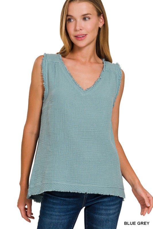 Double Gauze Raw Edge V-Neck Tank - Blue Grey