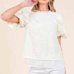 Floral Textured Puff Sleeve Top - Cream