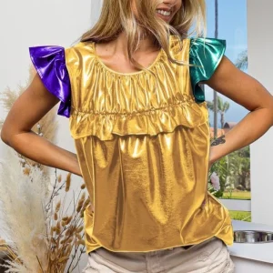 Foiled Knit Color Block Short Sleeve Ruffled Top - Gold/Purple/Hunter