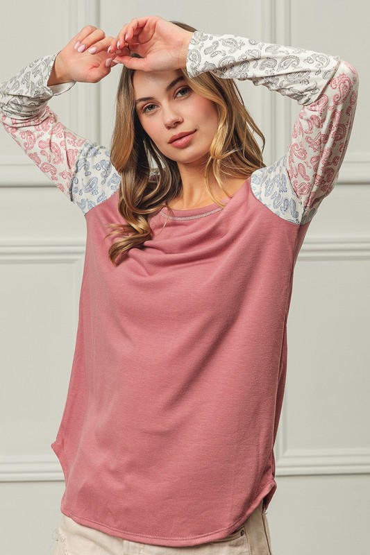 French Terry with Paisley Triblend Color Block - Mauve