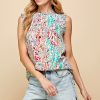 Full Size Graphic Print Ruffle Trim Mock Neck Sleeveless Top Plus Size - Lt Grey