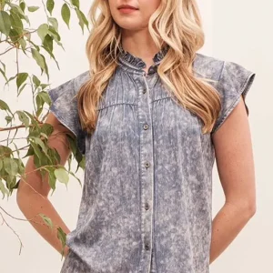 Mineral Wash Flutter Sleeve Button Down Shirt - Dk Denim