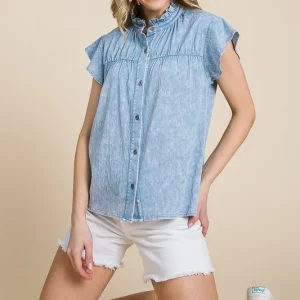Mineral Wash Flutter Sleeve Button Down Shirt - Lt Denim