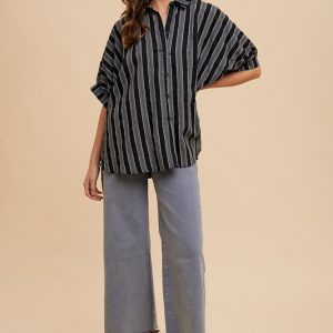 Oversized Drop Shoulder Striped Woven Shirt - Black Multi