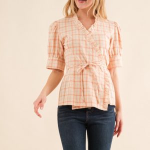 Plaid Patterned and Ruffled Wrap Blouse Top - Salmon
