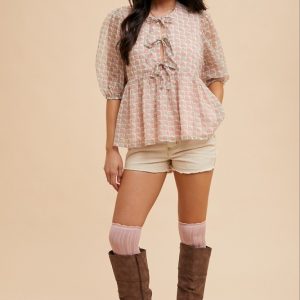 Printed Front Tie Closure Babydoll Blouse - Pink