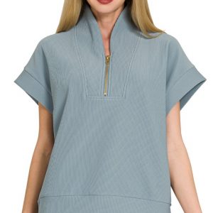 Ribbed High Neck Half Zip Top - Blue Grey