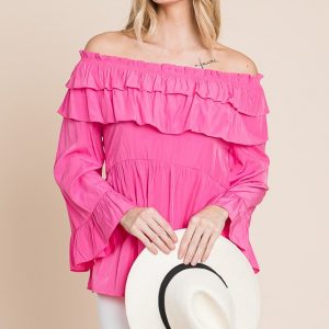 Ruffled Trumpet Sleeve Off-The-Shoulder Top - Fuchsia