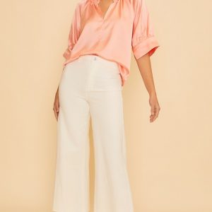 Satin V Neck Open Short Sleeve Woven Blouse Top - Peach