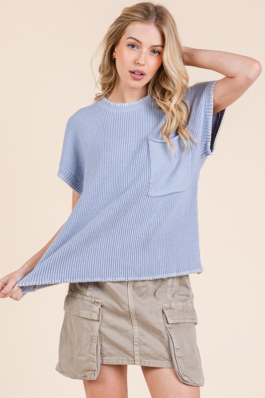 Solid Cap Sleeve Stitch Edge Knit Sweater - Blue