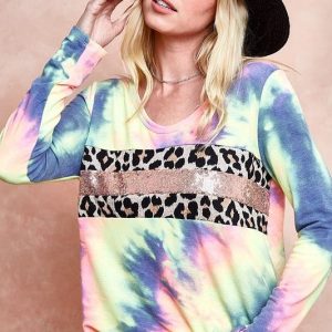 Tie Dye Deep U-neck Top with Leopard and Sequins - Charcoal Tiedye