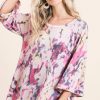 Tie Dye Print Terry A Line Top with Bell Sleeves - Pink Multi