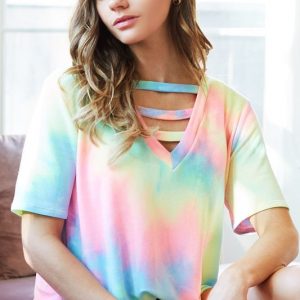 Tie-Dye V-Neck Short Sleeve T-Shirt - Pastel Tiedye