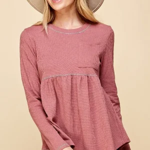 Waffle Knit Babydoll Top with Left Pocket Detail - Mauve