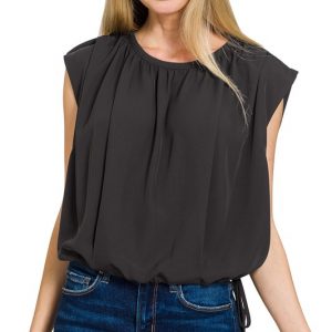 Woven Drawstring Tie Side Sleeveless Top - Black