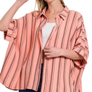 Woven Yarn-Dye Stripe Oversized Button Down Shirt - Coral